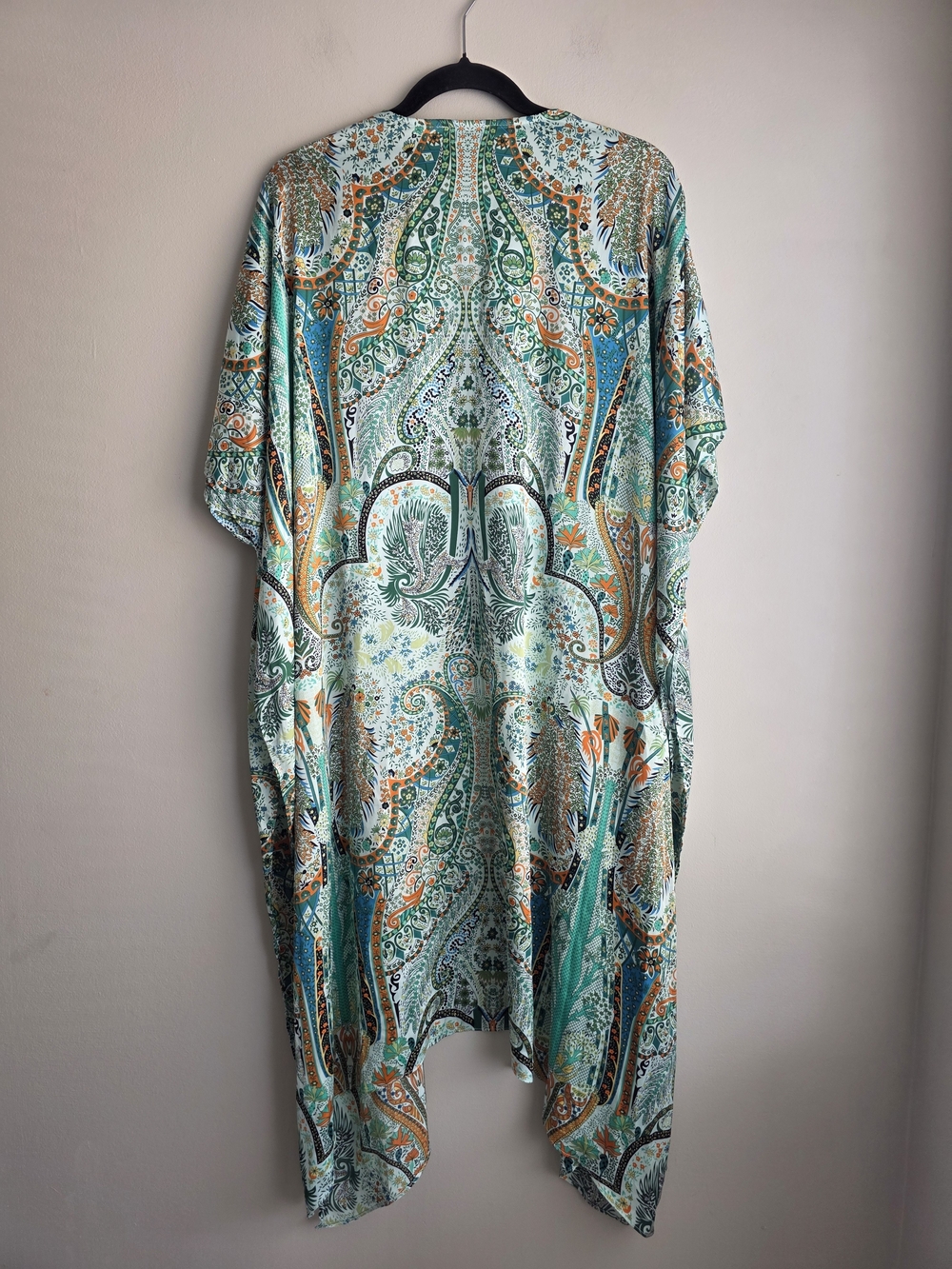 ACOA Boho Paisley Floral Satin Longline Kimono Duster Green Multi S/M - Picture 11 of 11